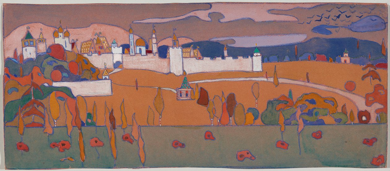 Sonbahar manzarasında duvarlı şehir by Wassily Kandinsky