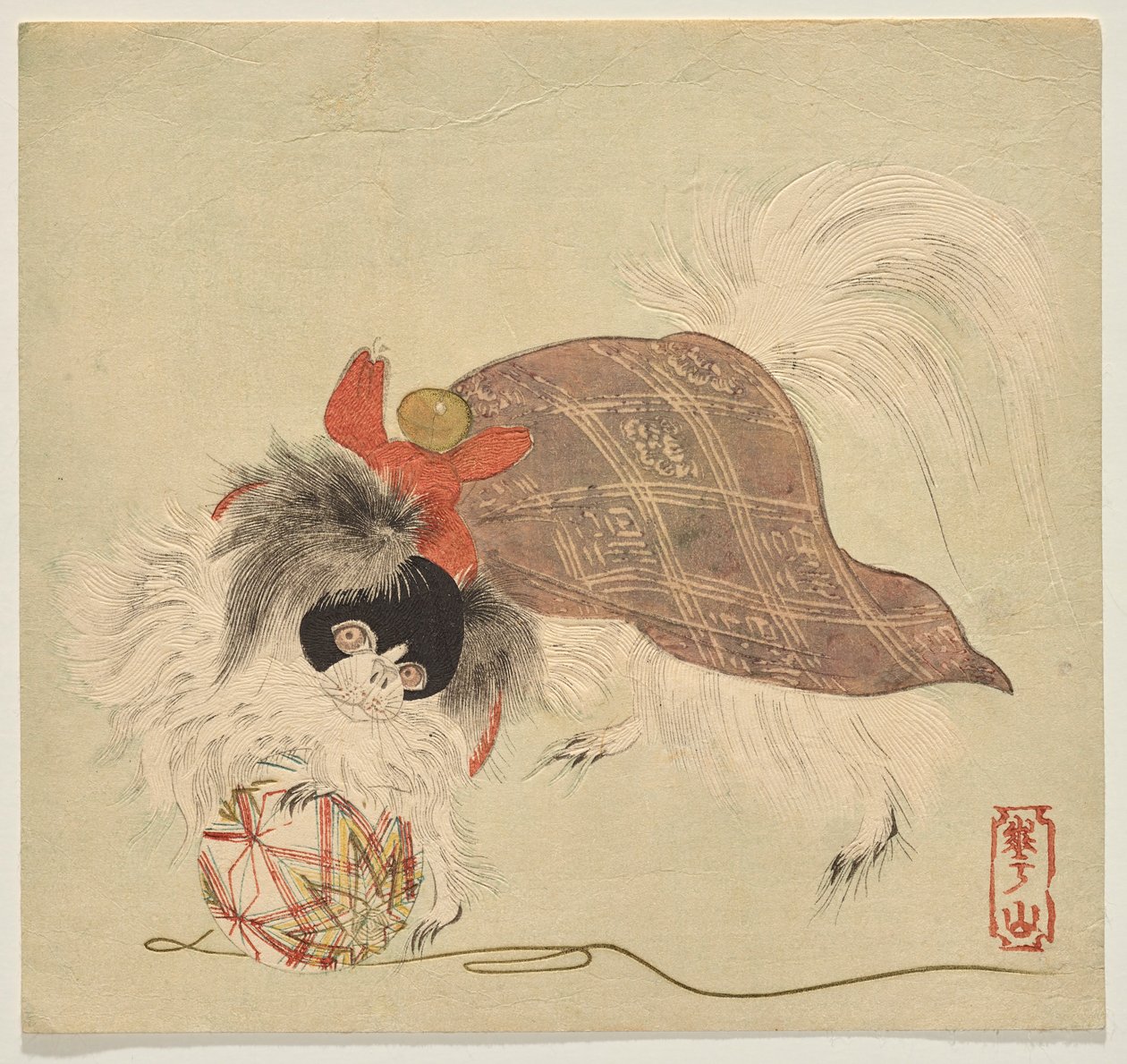 Mor pelerinli Japon Çene köpeği, ipek iplikten bir topla oynuyor. by Watanabe Kazan