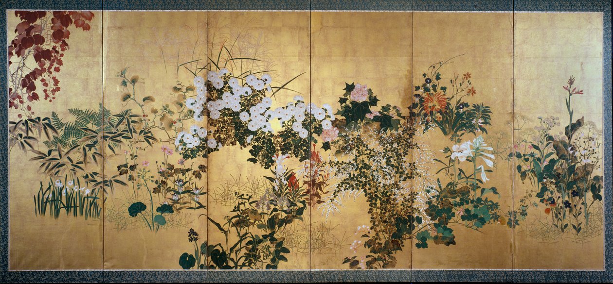 18. yüzyılın başlarında sonbahar ve kış çiçekleri ile ekran by Watanabe Shiko