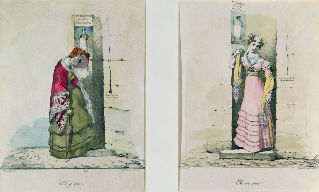 Kürtaj kliniğine giren ve çıkan bir kadın, Godefroy Engelmann (1788-1839) tarafından oyulmuş by Wattier