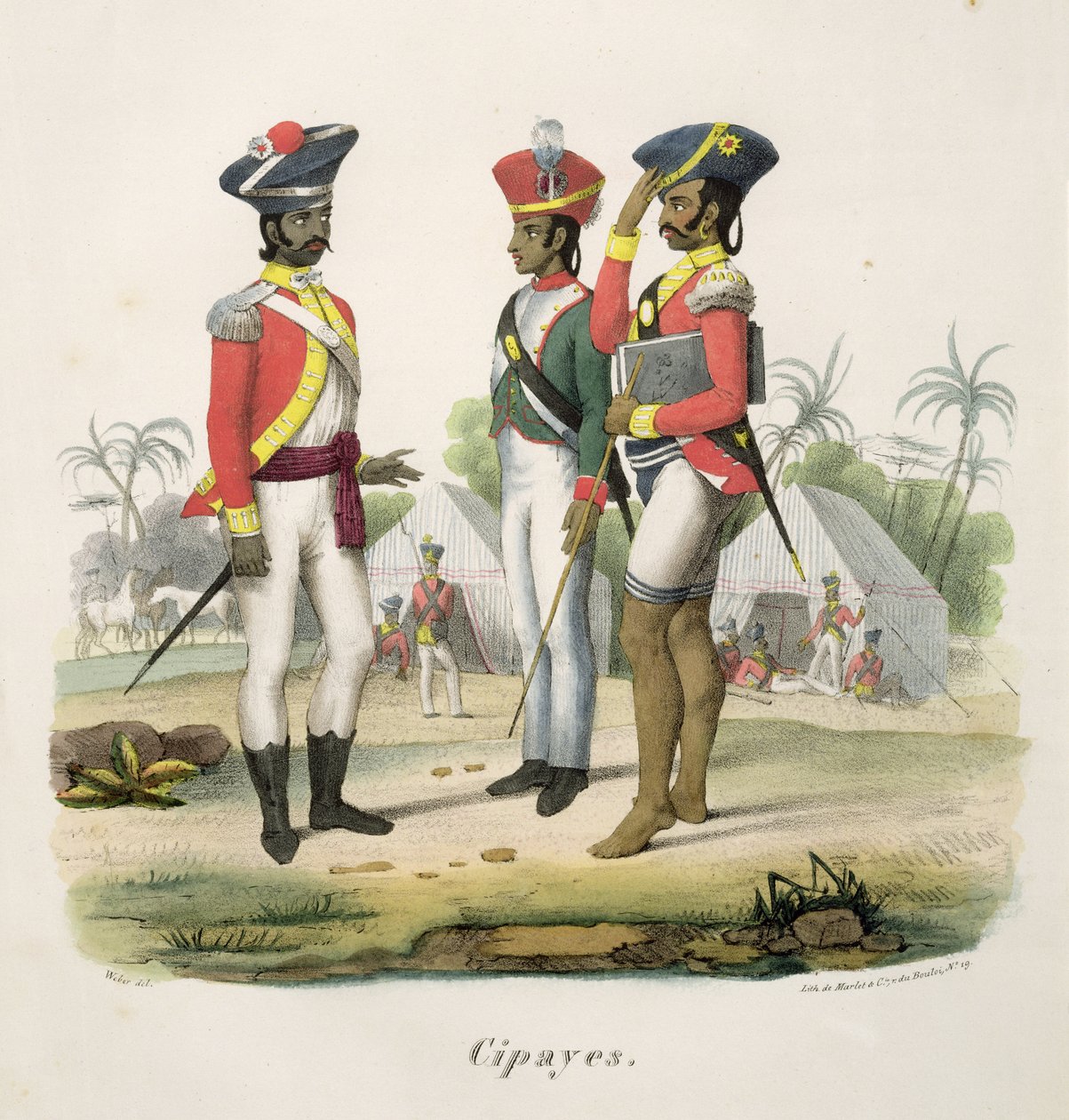 Marlet und Cie tarafından oyulmuş ME Burnouf'un 'L'Inde Francaise'inden Sepoys, 1827-35'te yayınlandı by Weber