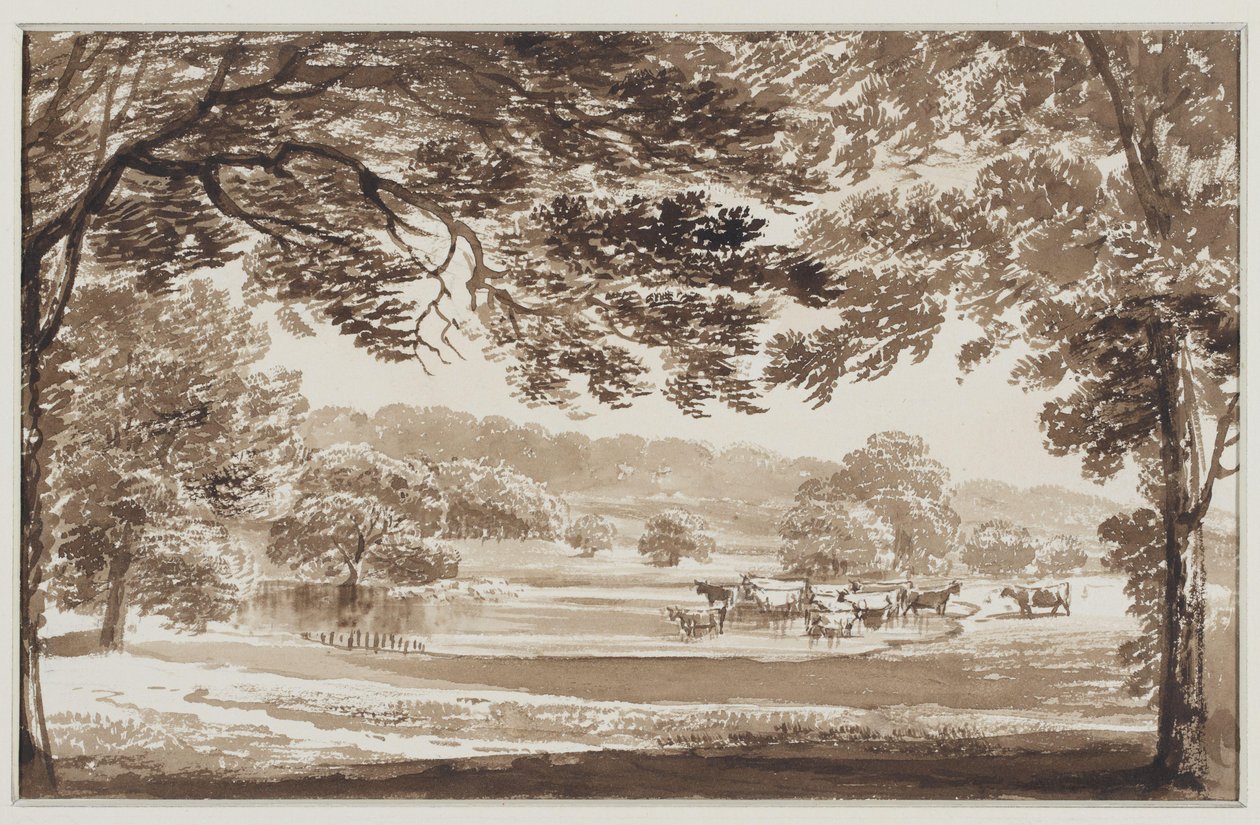 Bir gölde inekler ile ağaç dolu manzara by Weissenbruch (workshop of)