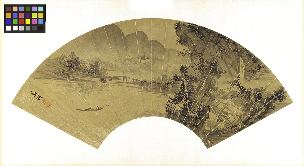 Göl, Köprü ve Balıkçı ile manzara, 16. yüzyıl (ipek panele monte edilmiş altın kağıt üzerine mürekkep) by Wen Zhengming