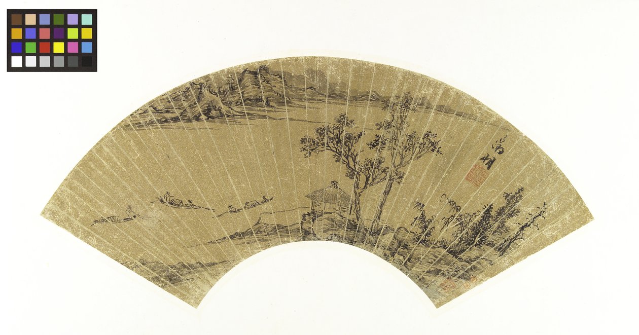 Göl ve üç Tekne ile manzara, 16. yüzyıl (tahtaya monte edilmiş altın kağıt üzerine mürekkep) by Wen Zhengming