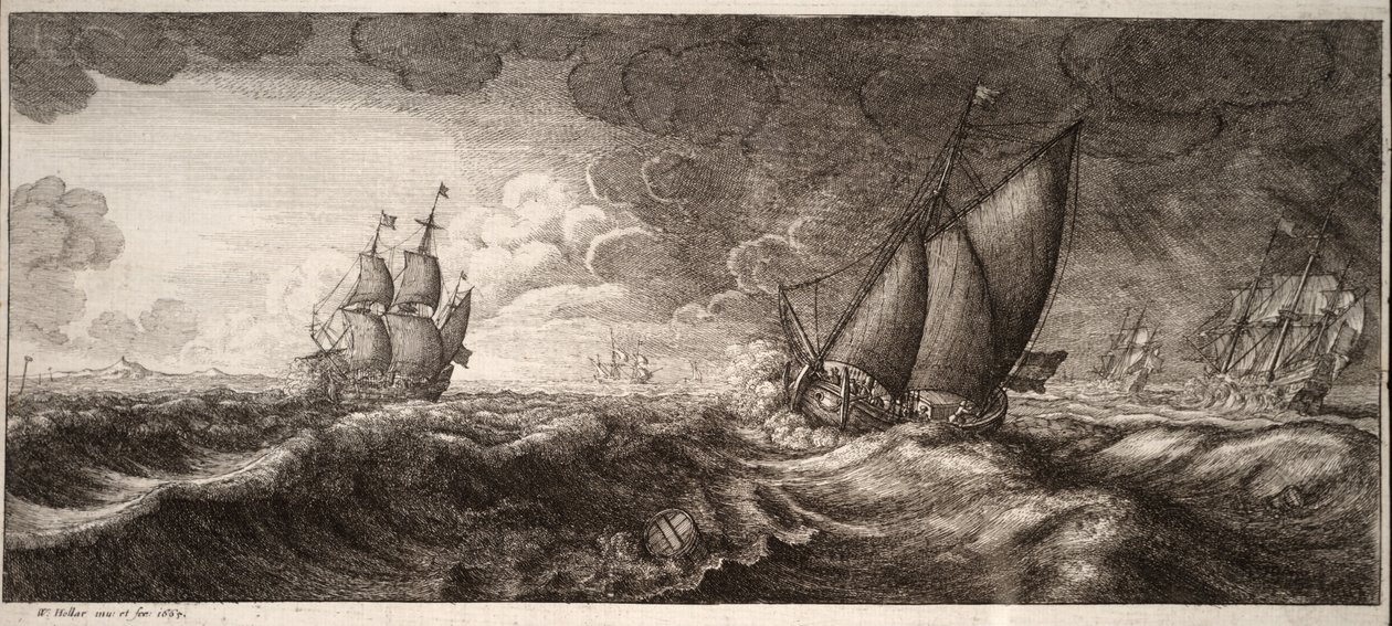 Fırtınada bir yat ve üç savaş gemisi. durum 1 by Wenceslaus Hollar