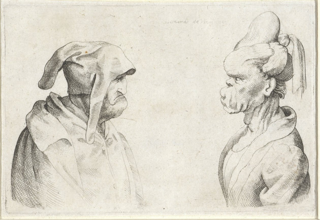 Disket şapkalı bir adam ve bağlı saçlı bir kadının deforme olmuş kafaları Varie figurae et probae (seri başlığı) Leonardo da Vinci