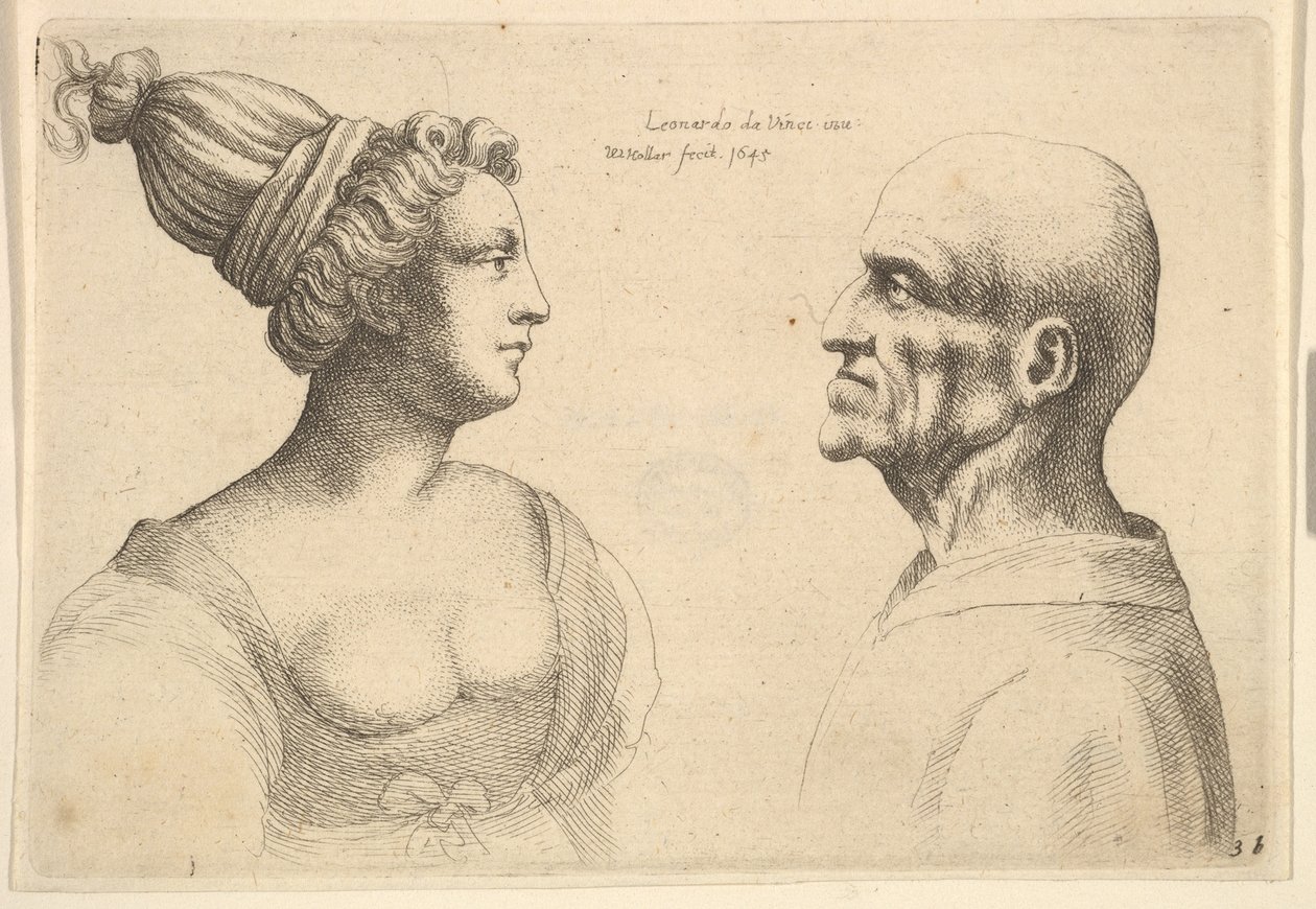 Saçları arkadan bağlı bir kadın ve birbirine bakan kel bir erkek, 1645. by Wenceslaus Hollar