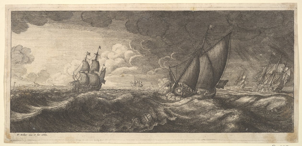 Fırtınada bir yat ve üç savaş gemisi, 1665. by Wenceslaus Hollar