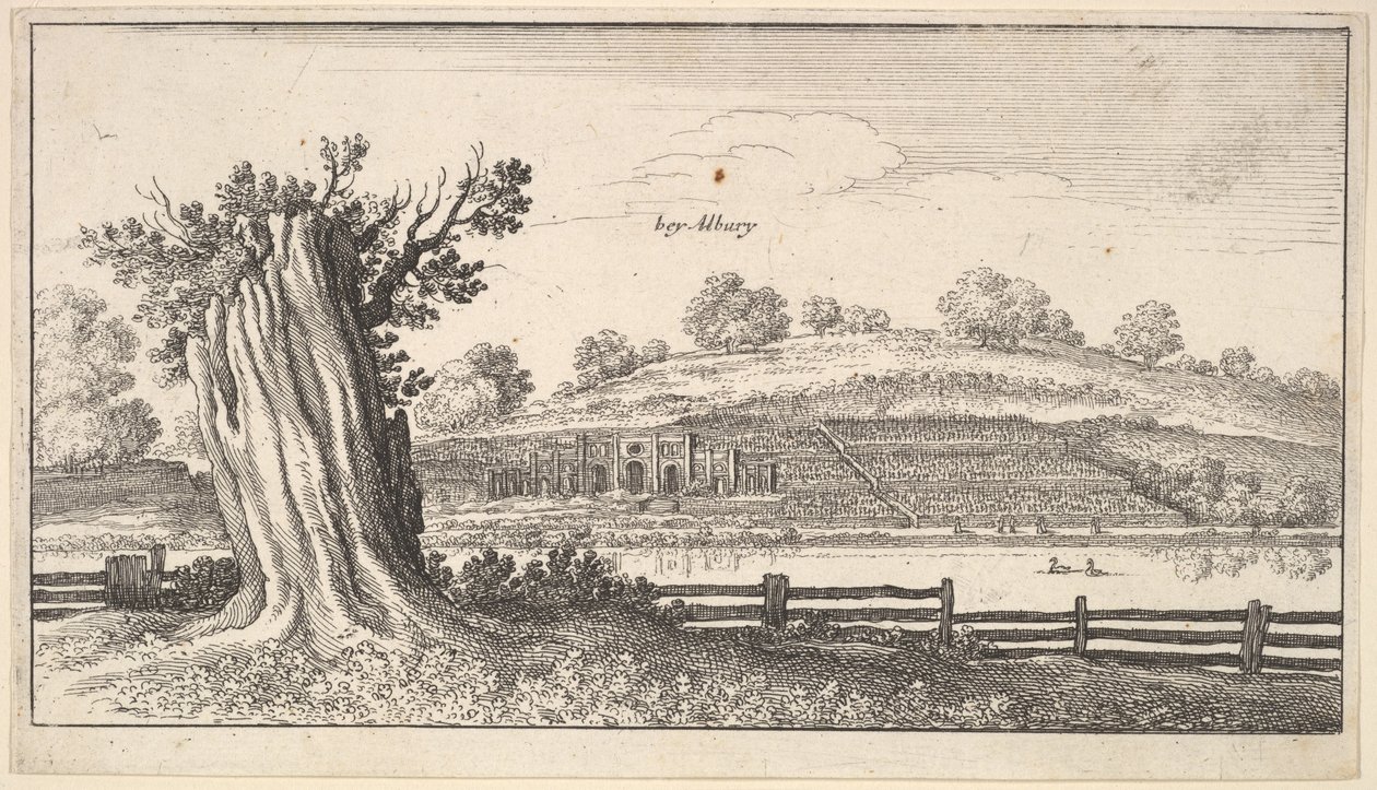 Ön planda ağaç kütüğü olan Albury, 1625-77. by Wenceslaus Hollar