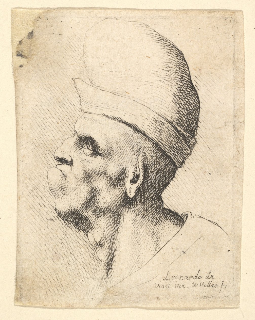 Solda profilde soğanlı şapka takan deforme olmuş bir adamın büstü, 1625-77. by Wenceslaus Hollar