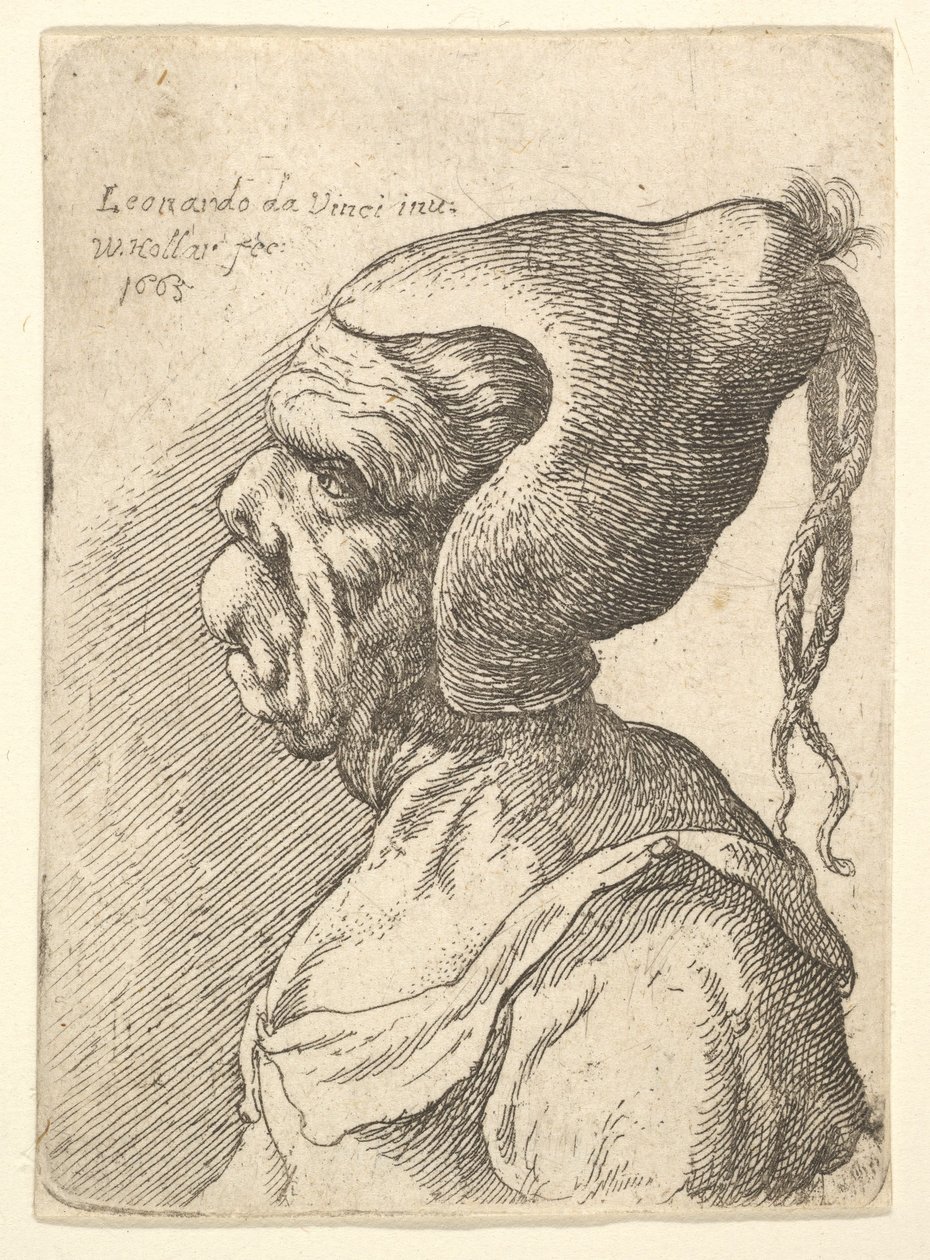 Konik şapkalı ve soldan profilde iki sarkık örgülü deforme olmuş bir kadın büstü, 1665. by Wenceslaus Hollar