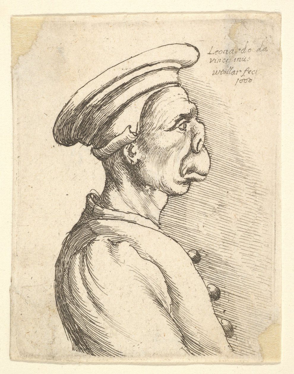 Düz burunlu ve çıkıntılı ağızlı, düz şapkalı ve düğmeli ceket giyen bir adamın büstü..., 1660. by Wenceslaus Hollar