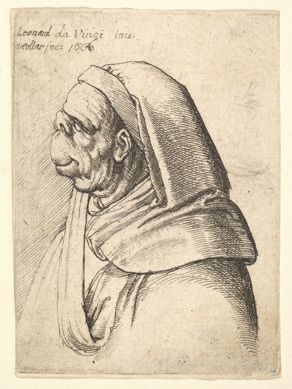 Küçük kıvrık burunlu ve üst dudağı çok yüksek, kapüşonlu bir erkek büstü, profilde..., 1666. by Wenceslaus Hollar