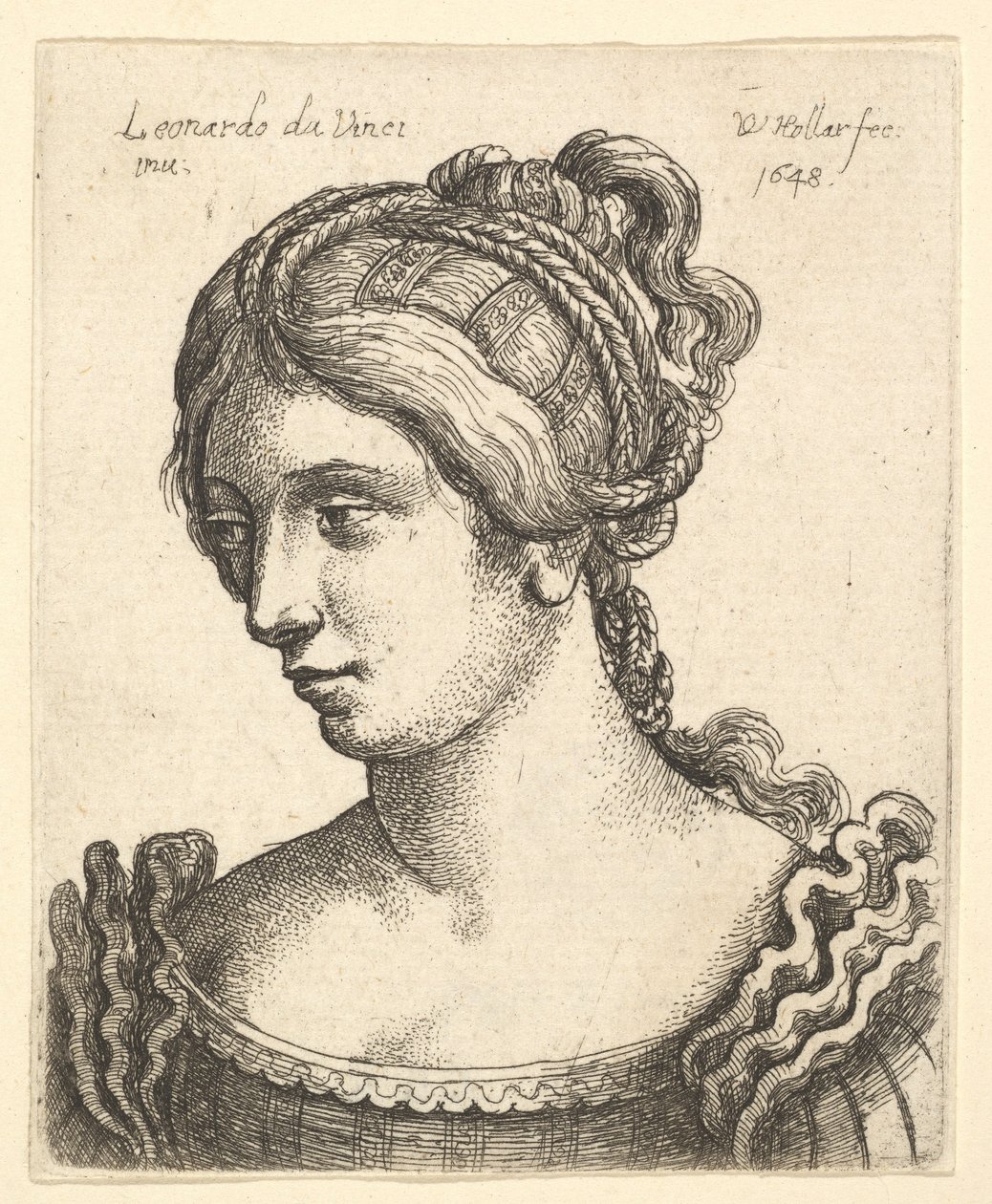 Saçları özenle süslenmiş, aşağıya sola bakan bir kadın büstü, 1648. by Wenceslaus Hollar