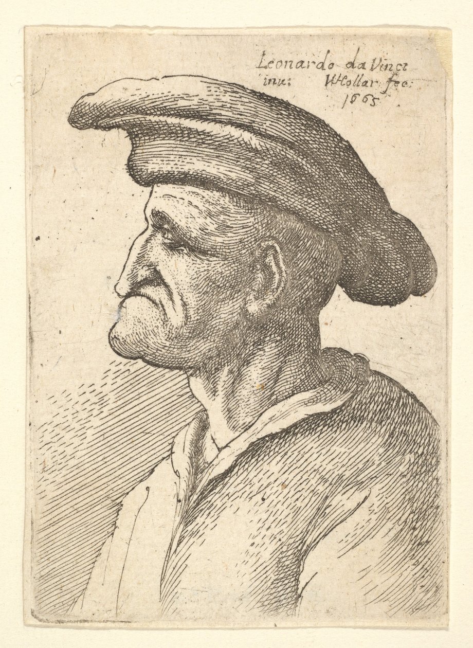 Alt dudağıyla birleşen burunlu, profilden geniş düz şapka takan yaşlı adam büstü...., 1665. by Wenceslaus Hollar