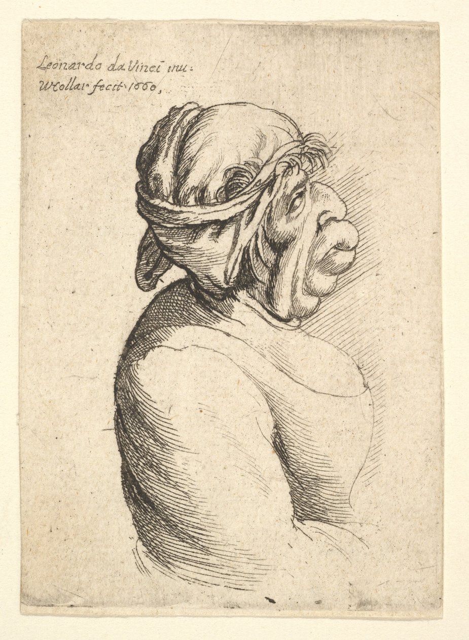 Dekolteli elbise giymiş ve başına bez bağlamış, ağzı çıkık kadın büstü..., 1660. by Wenceslaus Hollar