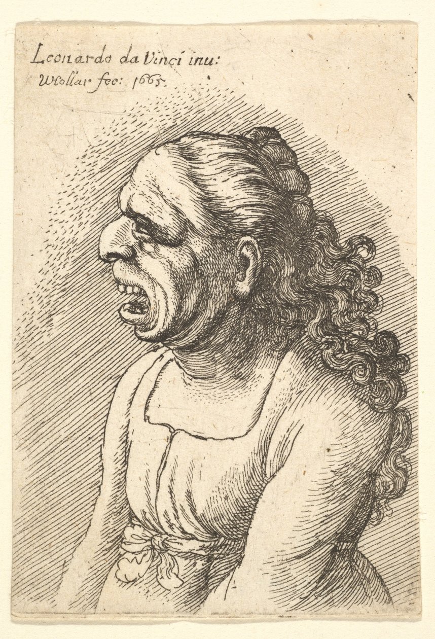 Geniş açık ağızlı ve uzun kıvırcık saçlı, omuzlarına düşen kadın büstü,..., 1665. by Wenceslaus Hollar