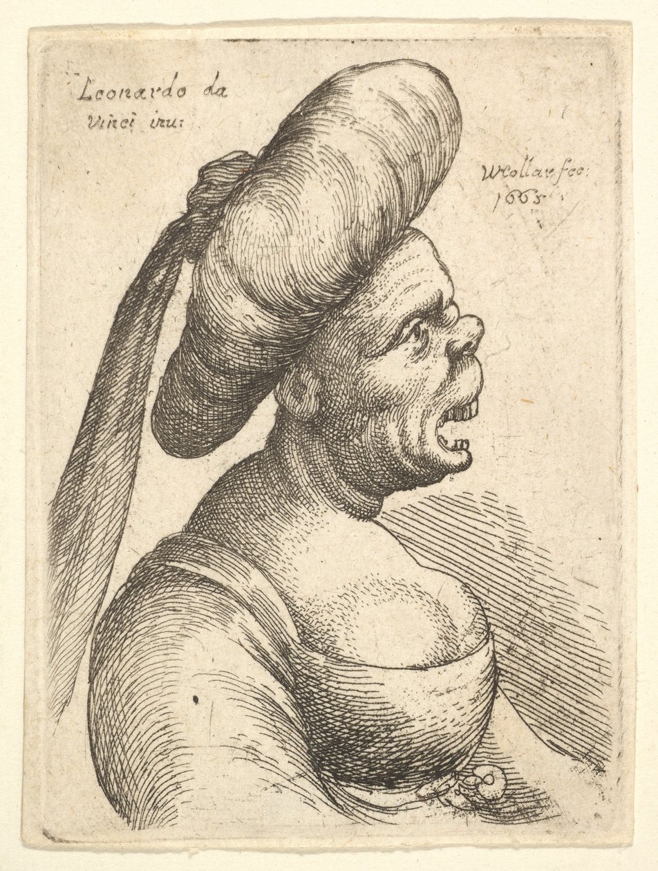 Geniş açık ağızlı ve yukarıya dönük burunlu, pıhtılı büyük düz sarıklı kadın büstü..., 1665. by Wenceslaus Hollar