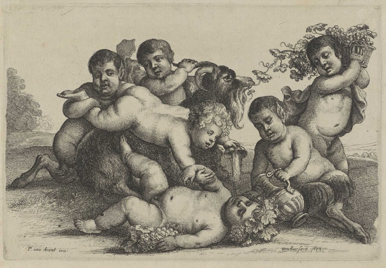 Üç küçük oğlan, iki satir ve bir bacchant bir keçi Putti ve Satyrs (dizi başlığı) by Wenceslaus Hollar