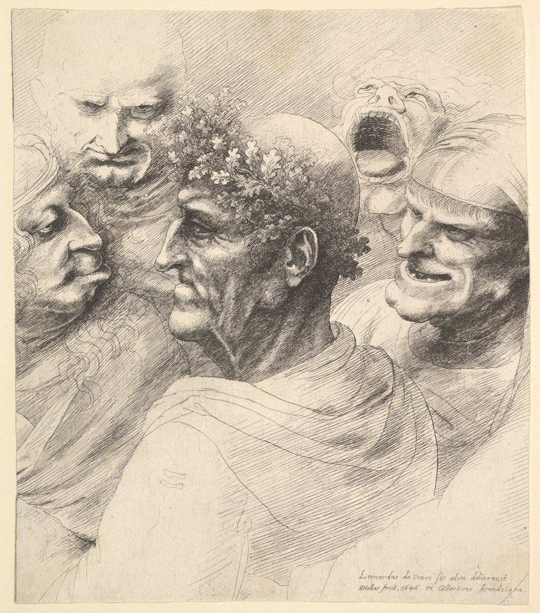 Meşe yaprağı çelenkli yaşlı bir adam da dahil olmak üzere beş grotesk kafa, 1646. by Wenceslaus Hollar