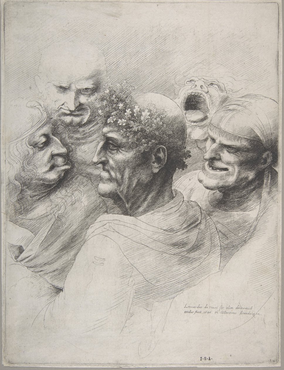 Meşe yaprağı çelenkli yaşlı bir adam da dahil olmak üzere beş grotesk kafa, 1646., 1646. by Wenceslaus Hollar