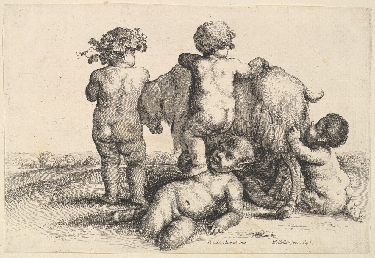 Dört oğlan, genç bir satir ve bir keçi, 1647. by Wenceslaus Hollar