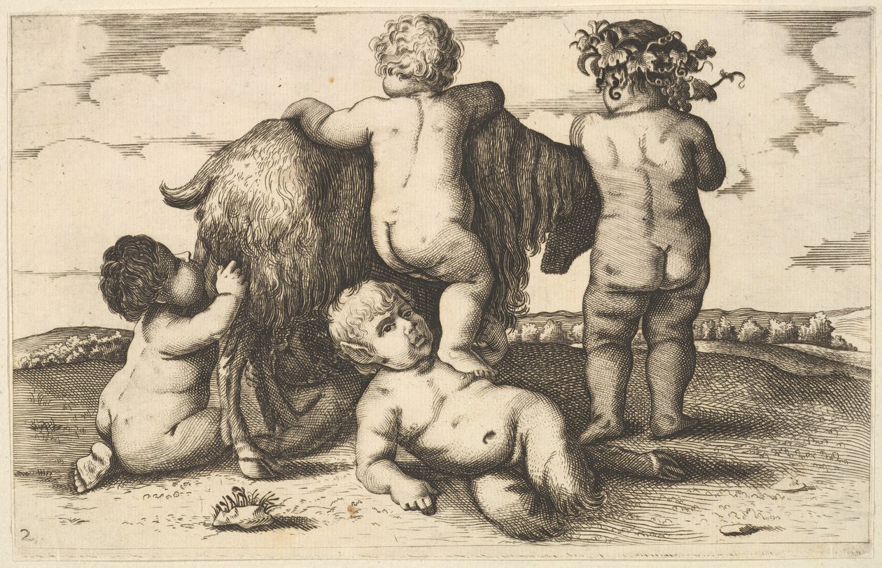 Dört erkek, genç bir satir ve bir keçi kopyası, 17. yüzyıl. by Wenceslaus Hollar