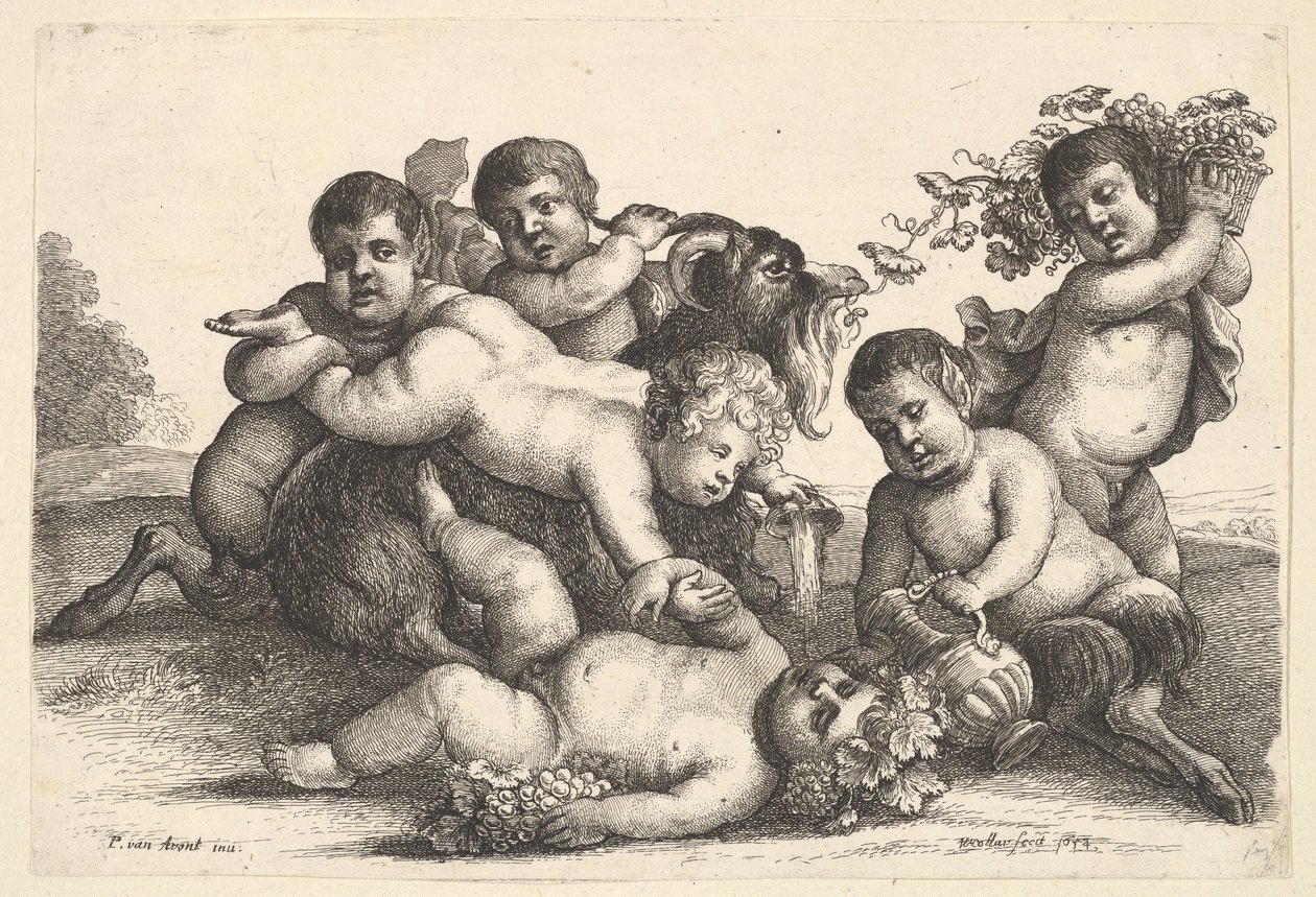 Dört erkek, iki satir ve bir keçi, 1654. by Wenceslaus Hollar