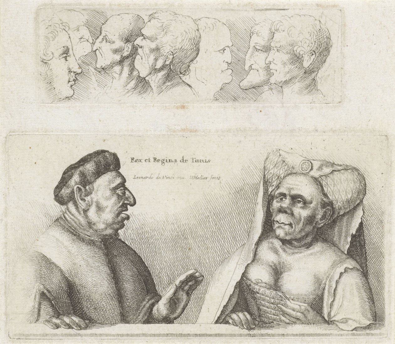 Çalışma kafalı friz / Tunus kral ve kraliçesinin karikatürleri Rex et Regina de Tunis (nesne üzerindeki başlık) Varie figurae et probae (dizi başlığı) Leonardo da Vinci'den sonra karikatürler, kafalar ve deformiteler (dizi başlığı) by Wenceslaus Hollar