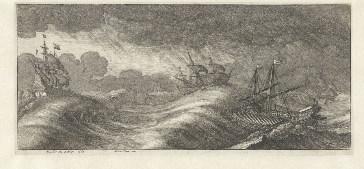 Kadırga ve diğer gemiler bir deniz fırtınasında Deniz fırtınaları (dizi başlığı) by Wenceslaus Hollar