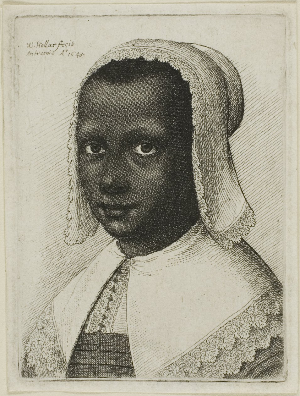 Dantel Fularlı Şapkalı Siyah Bir Kadının Başı by Wenceslaus Hollar