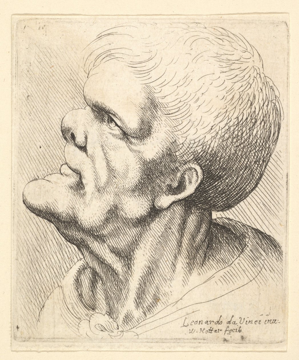 Çıkıntılı çeneli ve kalkık burunlu bir adamın başı, profilden sola doğru yukarı bakıyor, 1625-77. by Wenceslaus Hollar