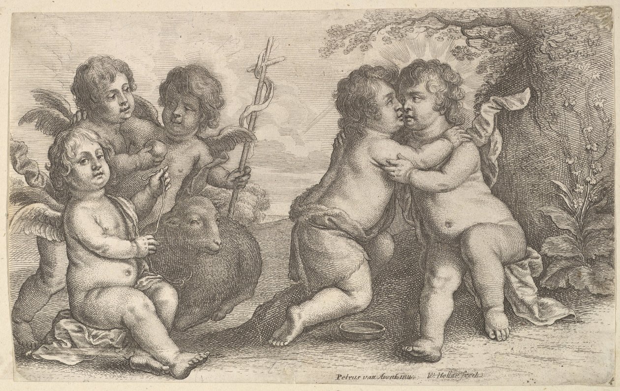 İsa ve Aziz John, Kerubiler ile kucaklaşıyor, 1646. by Wenceslaus Hollar