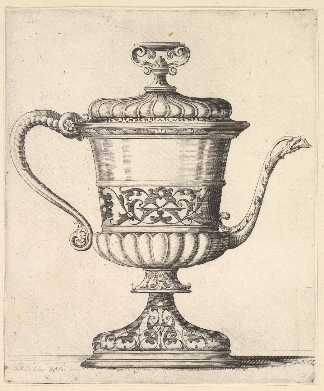 Kapaklı sürahi, arabesk desenli, sağda sivri ucu yılanla biten dar ağızlı..., 1625-77. by Wenceslaus Hollar