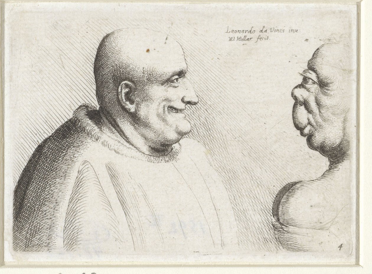 İri, kel bir adam ve grotesk bir kadının başları Varie figurae et probae (dizi başlığı) Leonardo da Vinci'den sonra karikatürler, kafalar ve deformiteler (dizi başlığı) by Wenceslaus Hollar