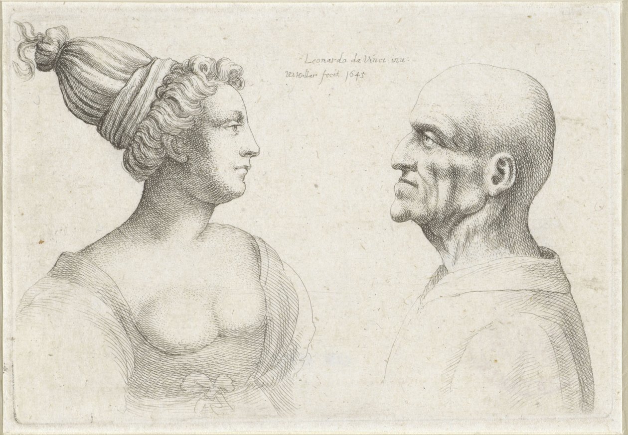 Türbanlı kel bir adam ve kadının başları Varie figurae et probae (seri başlığı) Leonardo da Vinci