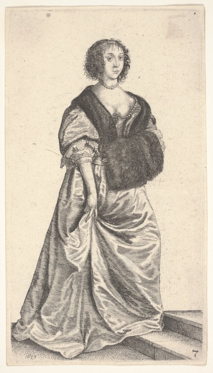 Kürk manşonlu kadın iki adımda duruyor. by Wenceslaus Hollar