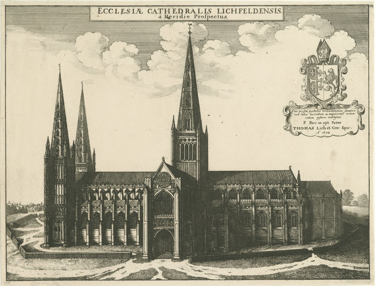 Lichfield Katedrali - Güney Görünümü: gravür, 1672 by Wenceslaus Hollar