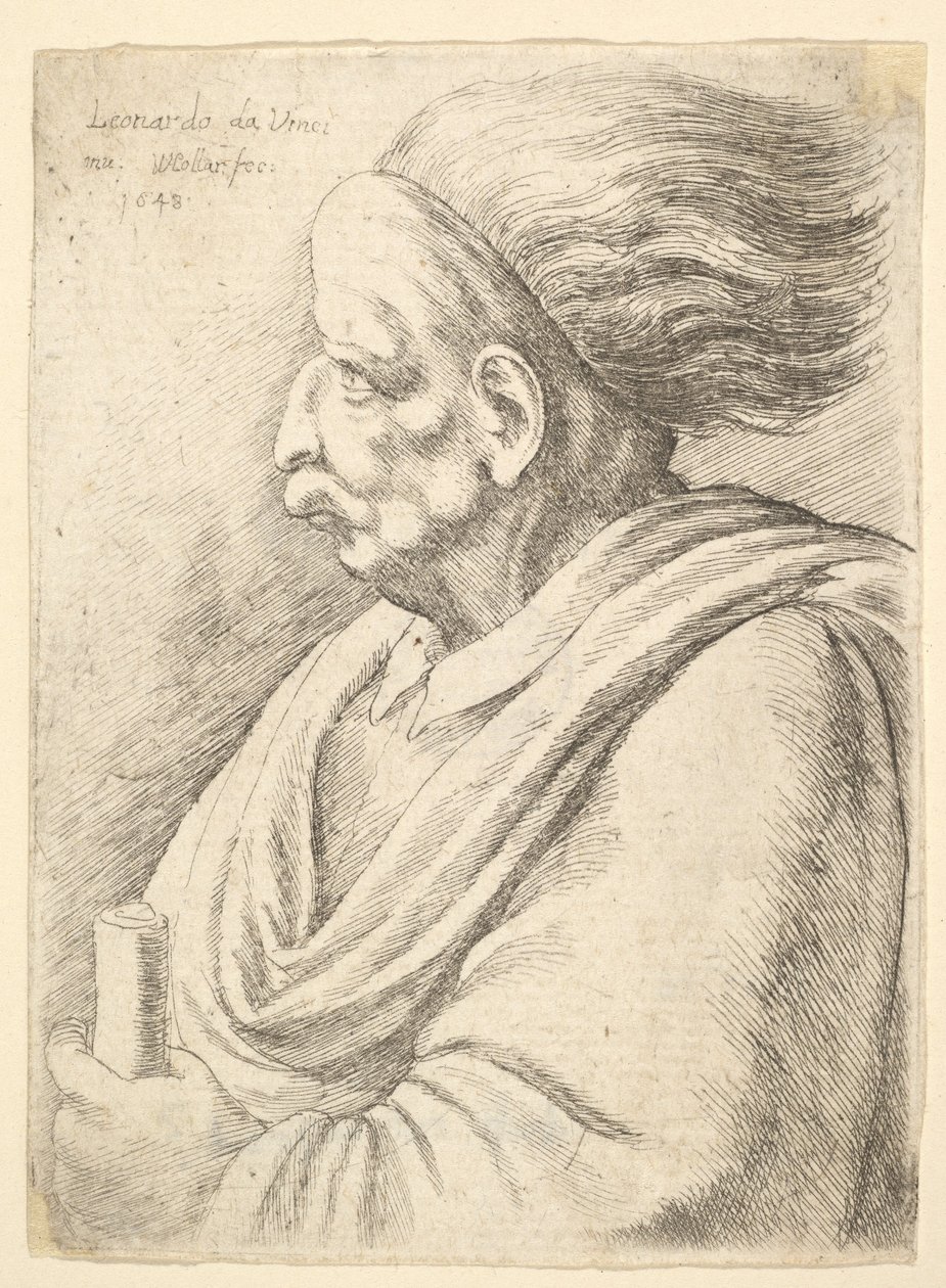 Çizgili yüzleri olan ve arkasından saçlar dökülen adam, yarım uzunluktan sola, 1648. by Wenceslaus Hollar