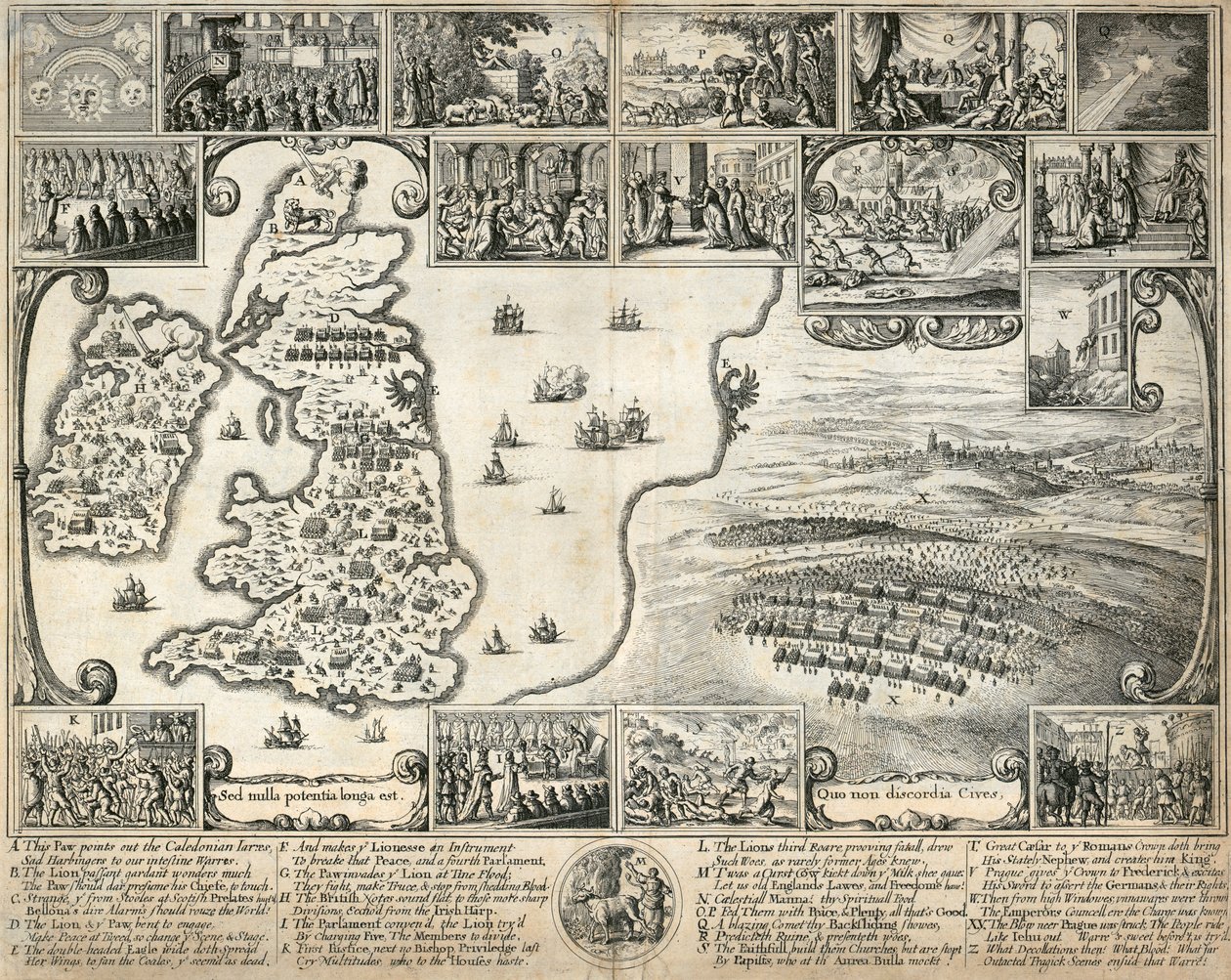 Britanya Adaları haritası ve 17. yüzyıl tarihi olaylarının çizimleri, c1659 by Wenceslaus Hollar
