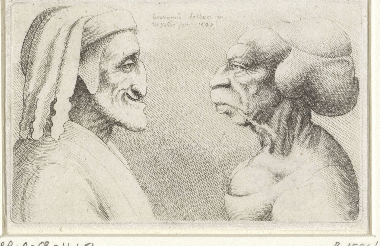 Şapkalı bir adamın (Dante?) ve bir kadının deforme olmuş karikatür kafaları Varie figurae et probae (seri başlığı) Leonardo da Vinci