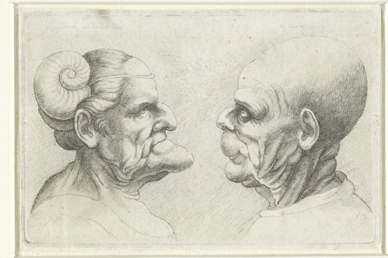 Kel bir adamın ve kafasında boynuzları olan kadının deforme olmuş kafaları Varie figurae et probae (seri başlığı) Leonardo da Vinci