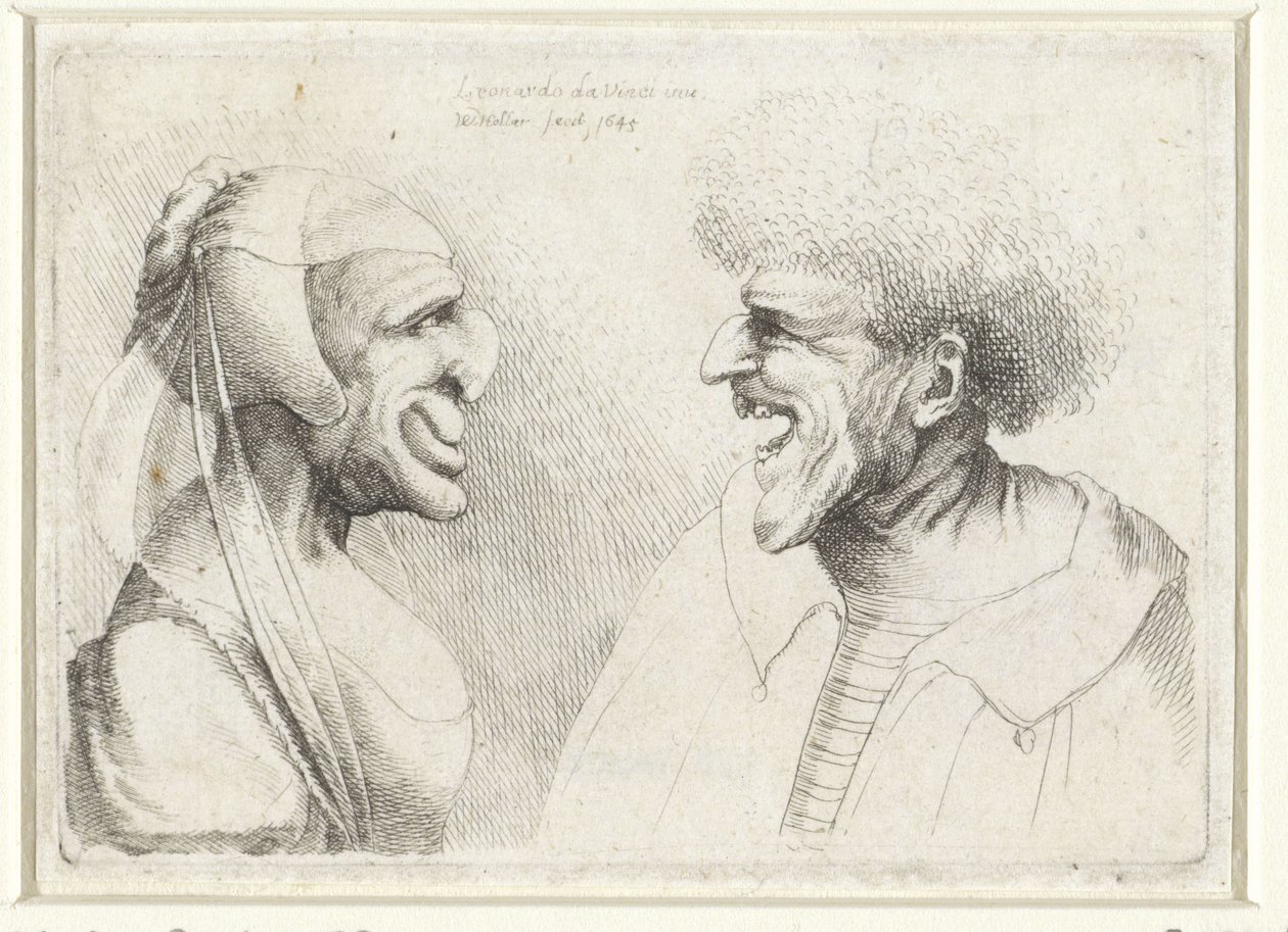 Baş şapkalı gülümseyen bir erkek ve kadının deforme olmuş kafaları Varie figurae et probae (seri başlığı) Leonardo da Vinci
