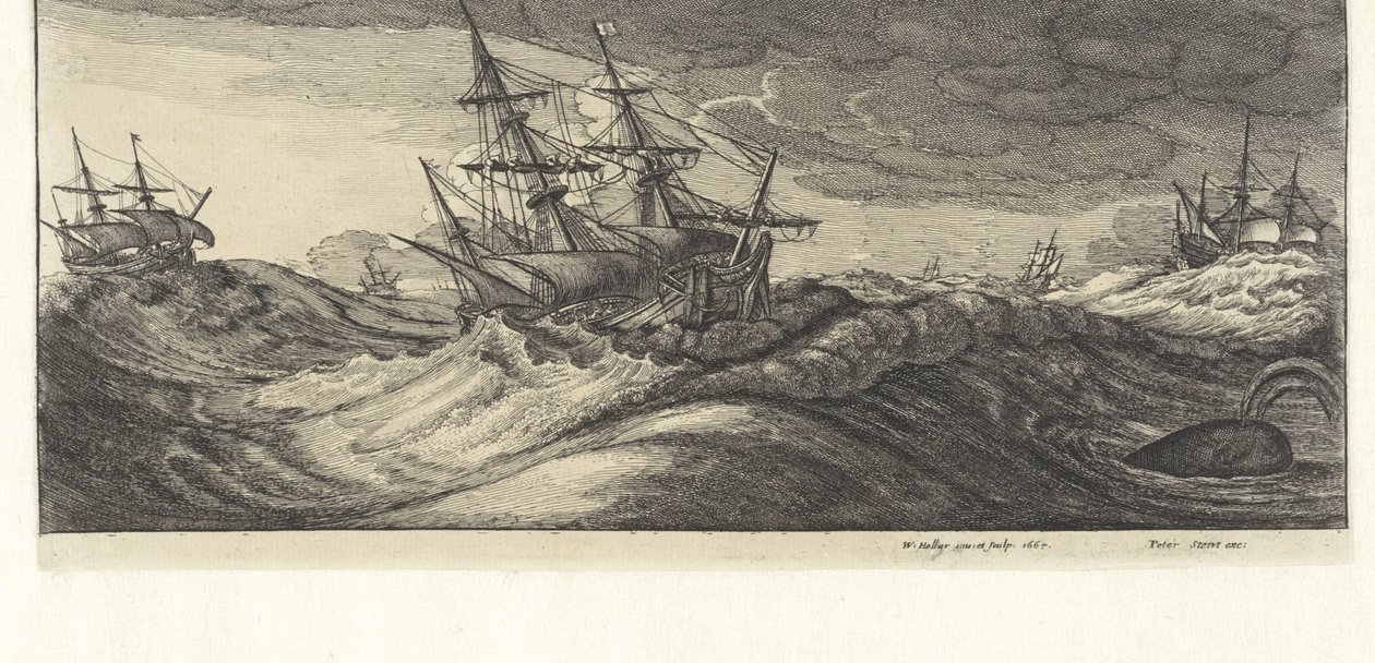 Deniz Fırtınasında Savaş Gemileri ve Balina Deniz fırtınaları (dizi başlığı) by Wenceslaus Hollar