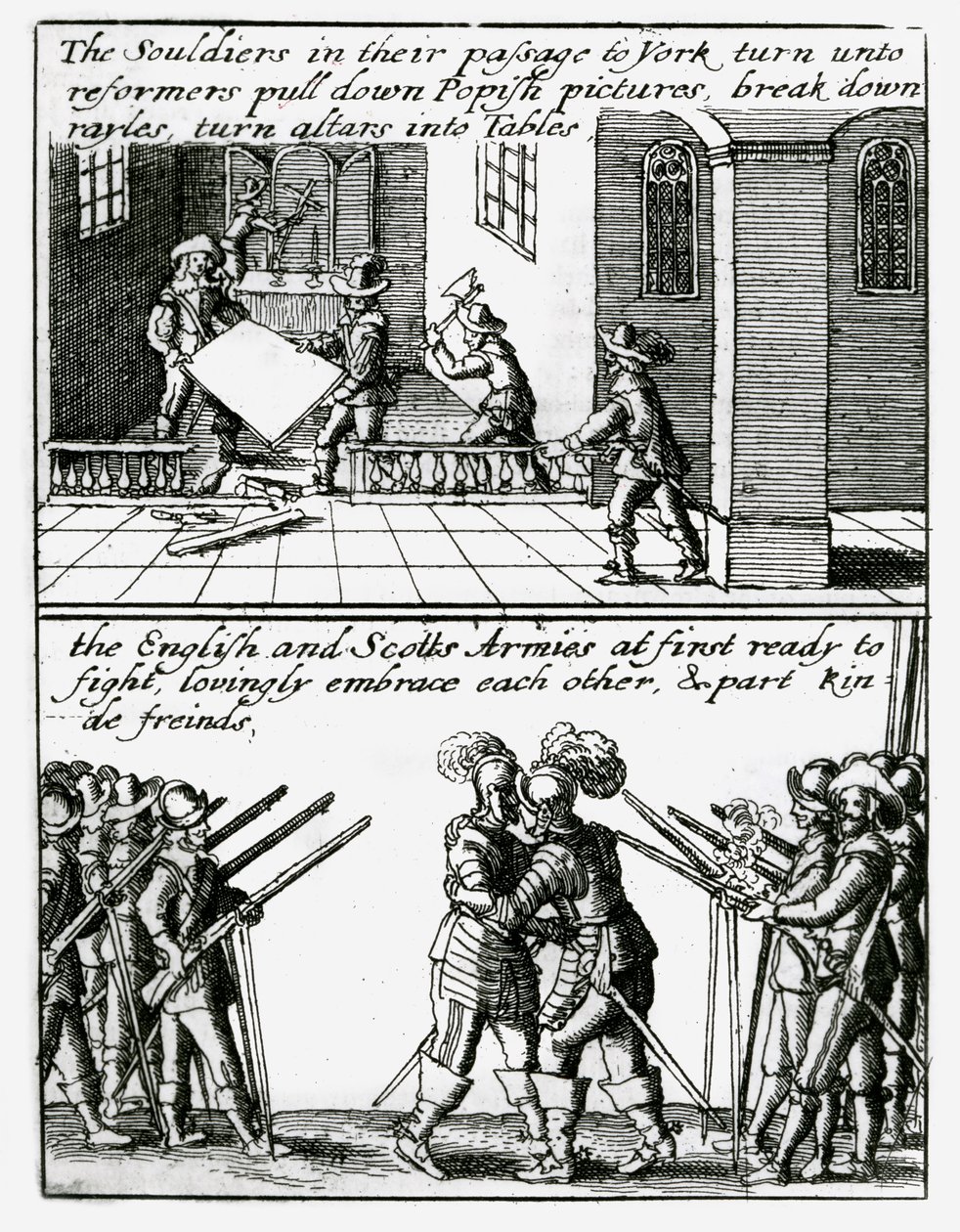 Askerler bir kilisedeki dini görüntüleri yok eder; İngiliz ve İskoç askerleri kucaklaşıyor by Wenceslaus Hollar