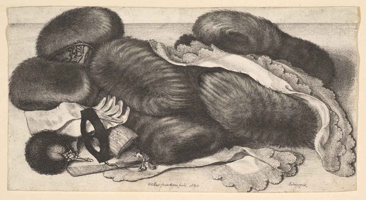 Bir grup manşon, bir çift eldiven, yelpaze, maske ve iki başörtüsü ile natürmort, 1647. by Wenceslaus Hollar