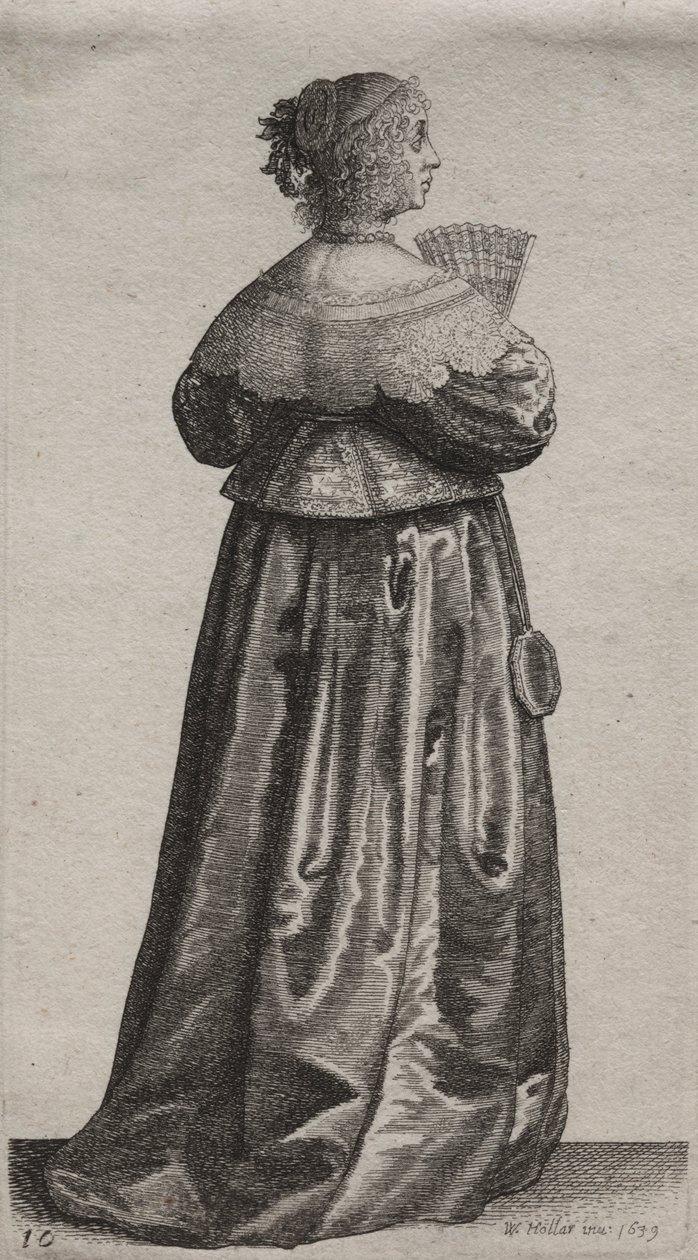 Asaletten Taşra Kadınına Kadar İngiliz Kadınlarının Bu Dönemde Olduğu Çeşitli Alışkanlıkları: Yelpazeli Aynalı Kadın by Wenceslaus Hollar