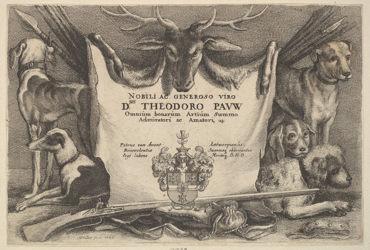 Av köpekleri ve av ekipmanlarının olduğu başlık sayfası, 1646. by Wenceslaus Hollar