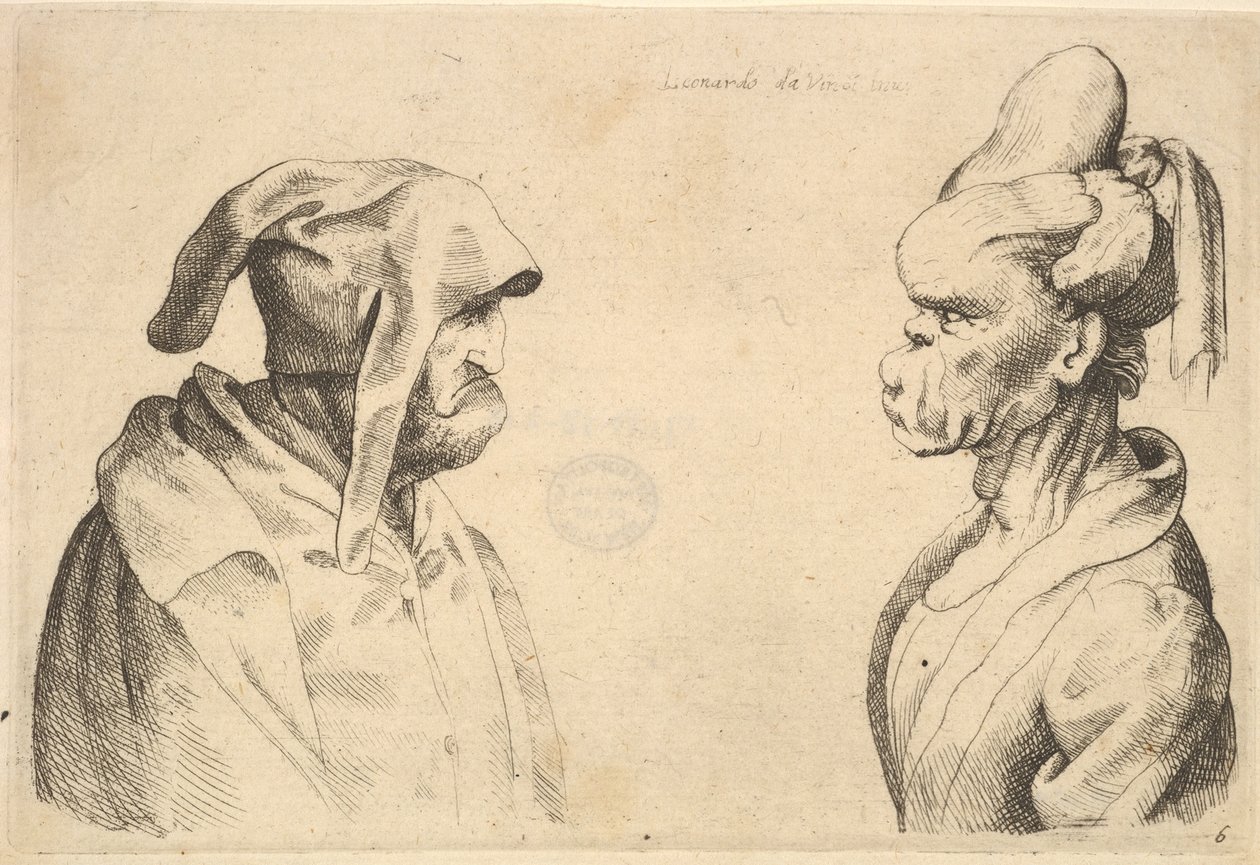 Birbirine bakan iki deforme kafa, 1625-77. by Wenceslaus Hollar