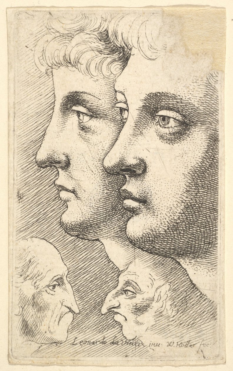 Aşağıda birbirine bakan iki grotesk kafa ile profilden sola doğru iki genç, 1625-77. by Wenceslaus Hollar
